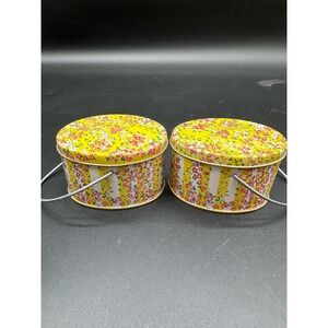 Vintage Crownford Floral Tin Containers Set Of Two Yellow Pink Flower Canisters